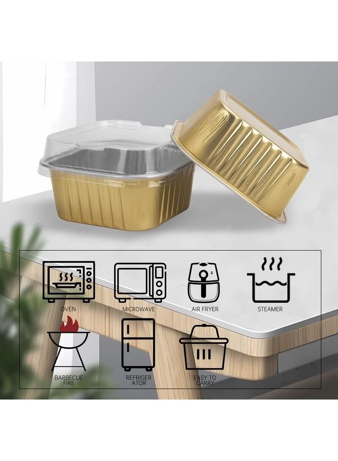 HOMESTAR 50 Pcs Mini Square Baking Cups with Lids,5oz Aluminum Foil Mini Cake Pans with Lids,Disposable Ramekins Cake Pans,150ml Dessert Cups Cupcake Pans for Wedding Birthday Party,Gold - Image 3