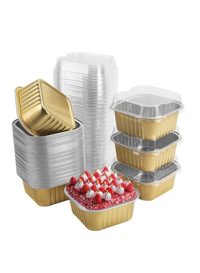 HOMESTAR 50 Pcs Mini Square Baking Cups with Lids,5oz Aluminum Foil Mini Cake Pans with Lids,Disposable Ramekins Cake Pans,150ml Dessert Cups Cupcake Pans for Wedding Birthday Party,Gold - Image 1