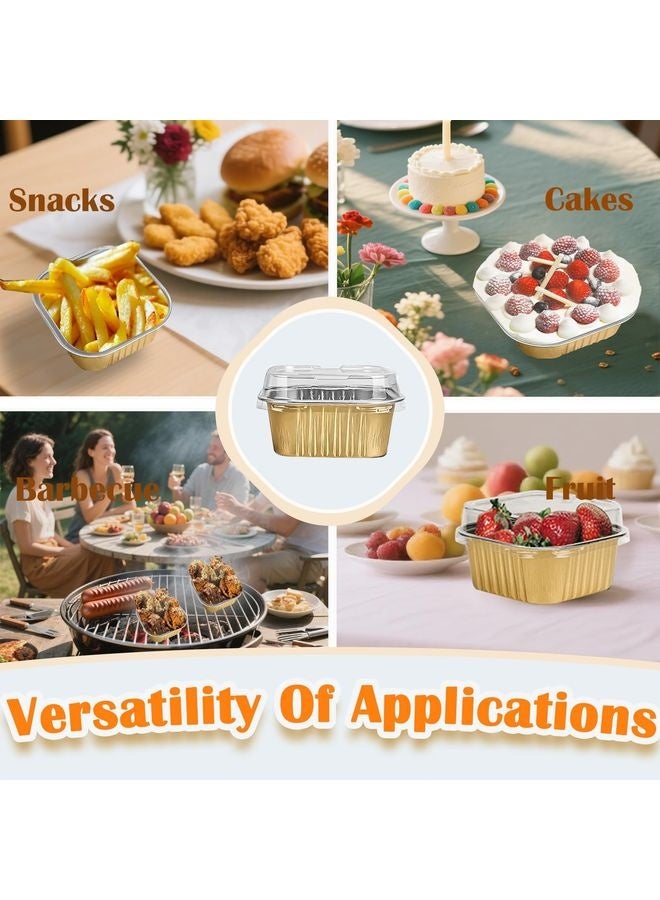 HOMESTAR 50 Pcs Mini Square Baking Cups with Lids,5oz Aluminum Foil Mini Cake Pans with Lids,Disposable Ramekins Cake Pans,150ml Dessert Cups Cupcake Pans for Wedding Birthday Party,Gold - Image 4