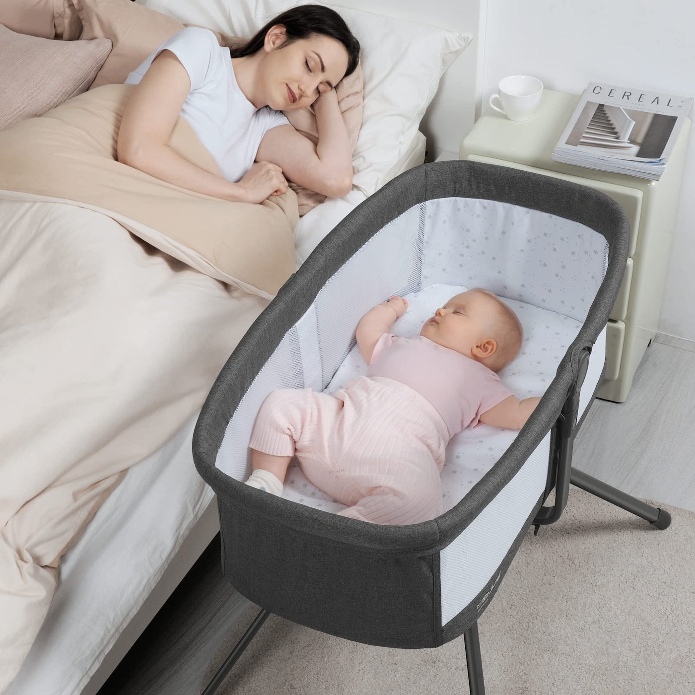 ANGELBLISS 3 in 1 Rocking Bassinet Baby Bassinet Bedside Sleeper OneSecond Convert Travel Portable Bassinet Newborn Baby Black