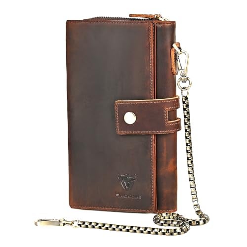 Handadsume Genuine Crazy Horse Leather Travel Gift Coin Pocket Card Case Long Organizer Chain Rfid Wallet Purse With Snap For Men Male 1803 1815 W1819Brown - Image 1