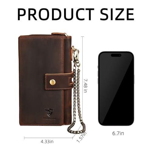 Handadsume Genuine Crazy Horse Leather Travel Gift Coin Pocket Card Case Long Organizer Chain Rfid Wallet Purse With Snap For Men Male 1803 1815 W1819Brown - Image 3