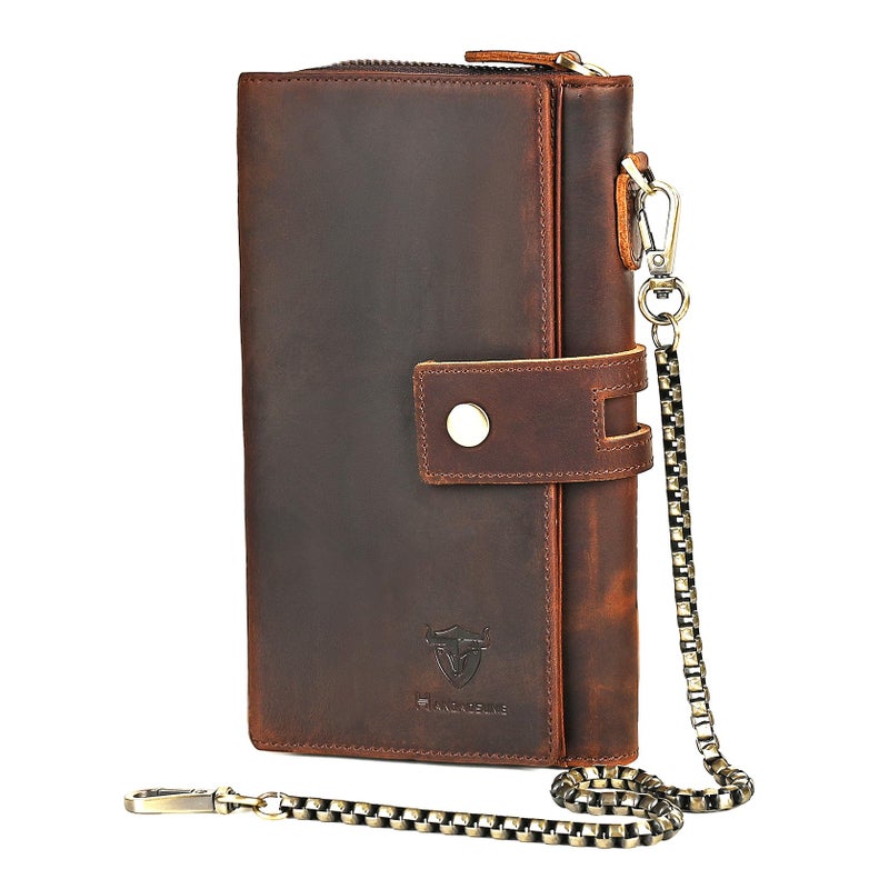 Handadsume Genuine Crazy Horse Leather Travel Gift Coin Pocket Card Case Long Organizer Chain Rfid Wallet Purse With Snap For Men Male 1803 1815 W1819Brown - Image 2