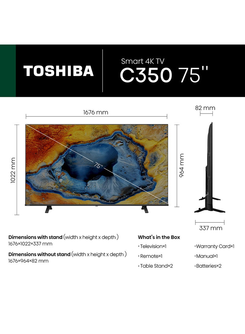 توشيبا تلفاز ذكي 75 بوصة 4K UHD واي فاي DLED، VIDAA U7، HDR-Dolby Vision، Apple AirPlay، أوامر صوتية ووضع ألعاب HDR بالإضافة إلى بلوتوث- - Image 2