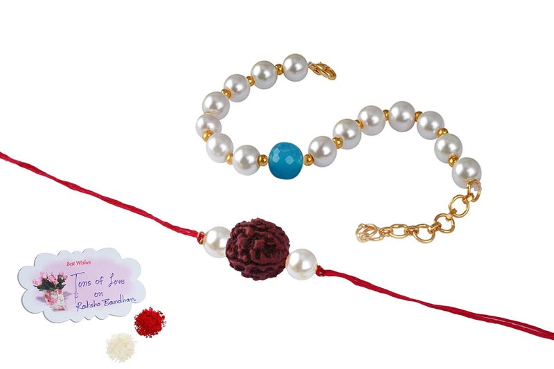 JFL-Jewellery for Less Handmade Rakhi for Brother Combo Couple Pair Rudraksha Rakhi & Onyx Pearl Bracelet Set for Bhaiya Modern Rakhi with Roli Chawal and Hand Written Card, Adjustable. - Image 1