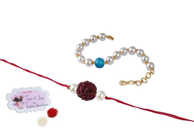 JFL-Jewellery for Less Handmade Rakhi for Brother Combo Couple Pair Rudraksha Rakhi & Onyx Pearl Bracelet Set for Bhaiya Modern Rakhi with Roli Chawal and Hand Written Card, Adjustable. - Image 5