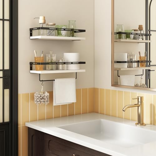 YGEOMER Floating Shelves for Bathroom Organizer Over Toilet, Wall Mounted Bathroom Shelves with Towel Bar, Wall Shelf for Bedroom Kitchen Living Room Storage (White-Black) - Image 5