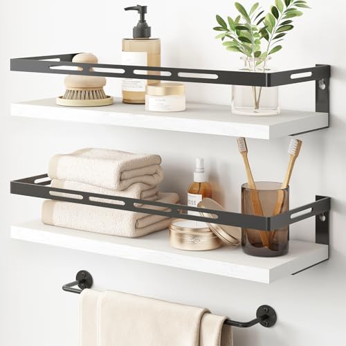 YGEOMER Floating Shelves for Bathroom Organizer Over Toilet, Wall Mounted Bathroom Shelves with Towel Bar, Wall Shelf for Bedroom Kitchen Living Room Storage (White-Black) - Image 1