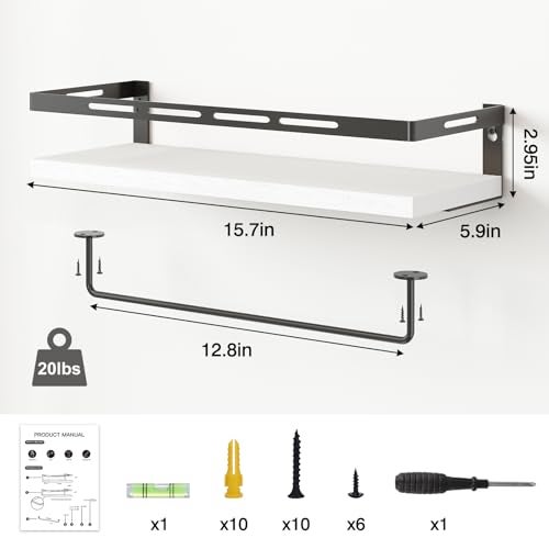 YGEOMER Floating Shelves for Bathroom Organizer Over Toilet, Wall Mounted Bathroom Shelves with Towel Bar, Wall Shelf for Bedroom Kitchen Living Room Storage (White-Black) - Image 3