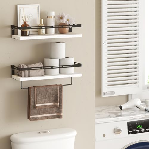 YGEOMER Floating Shelves for Bathroom Organizer Over Toilet, Wall Mounted Bathroom Shelves with Towel Bar, Wall Shelf for Bedroom Kitchen Living Room Storage (White-Black) - Image 2
