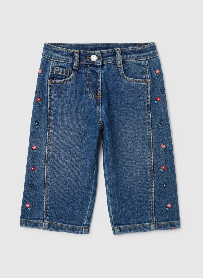 Ovs GIRLS' WIDE LEG BLUE DENIM JEANS WITH EMBROIDERY