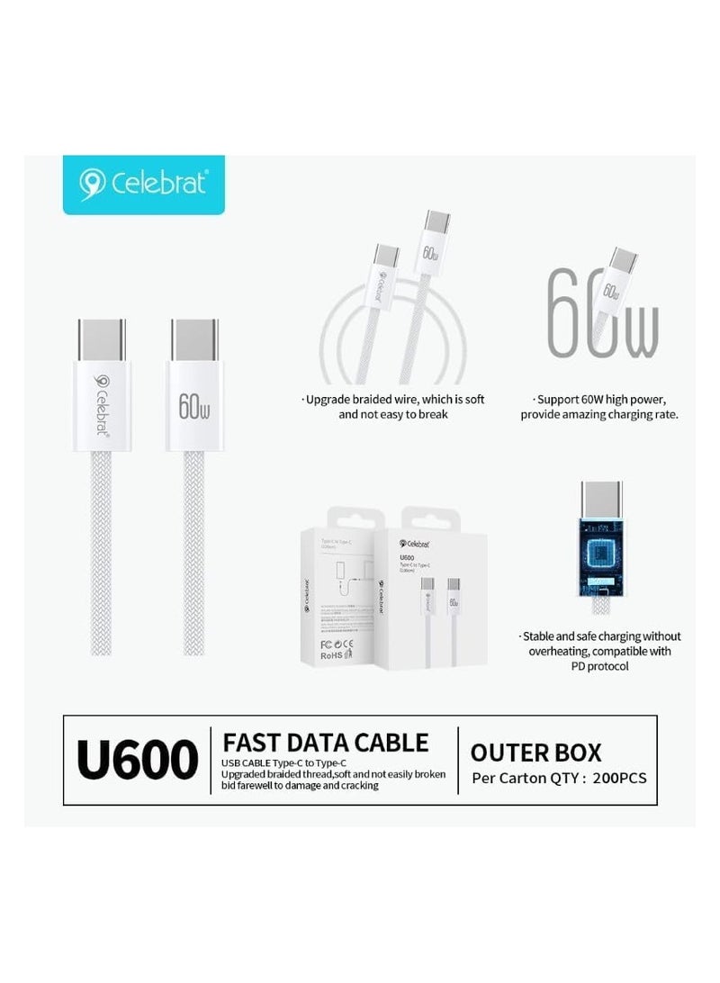 Celebrat U600 60W Portable Type-C To Type-C Fast Charge And Data Transmission Cable With Braided wire Design And Practical Fits Mobile Phone 100cm - White - Image 2