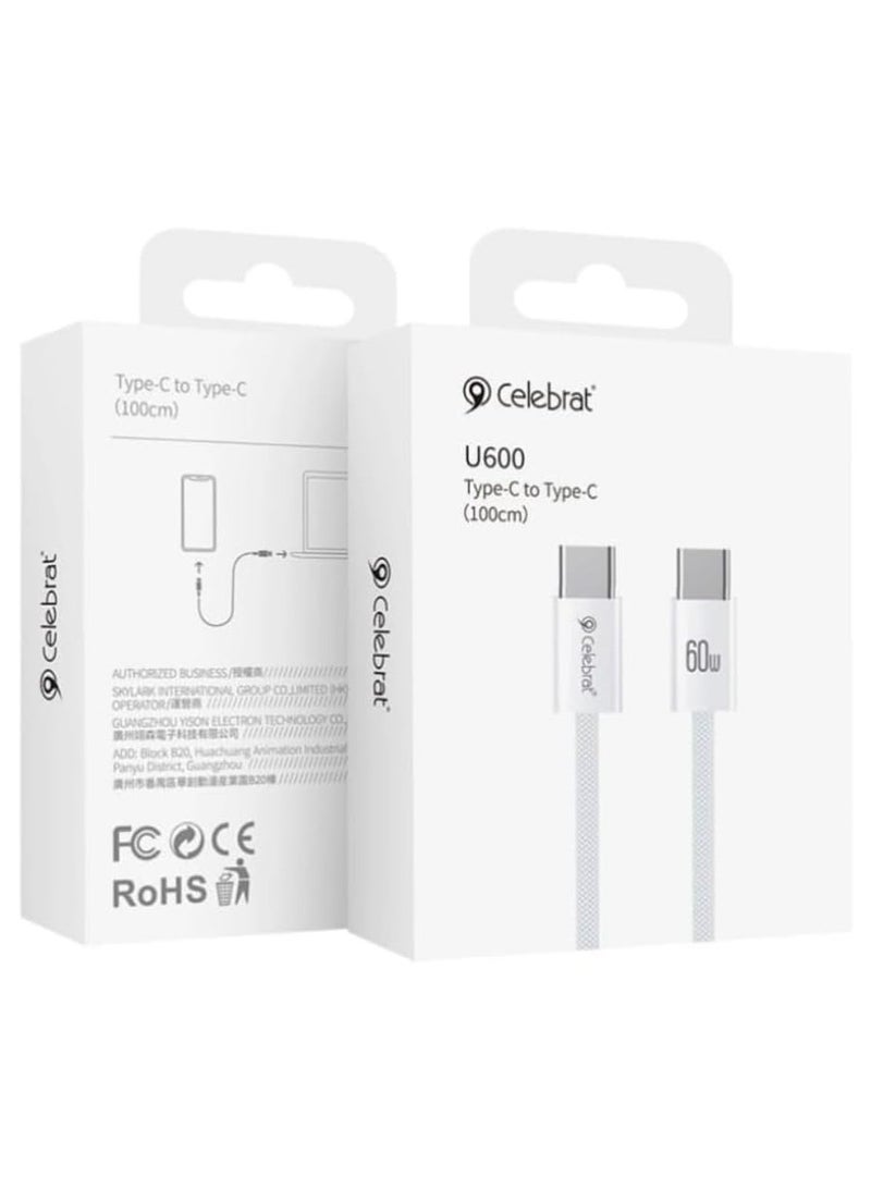Celebrat U600 60W Portable Type-C To Type-C Fast Charge And Data Transmission Cable With Braided wire Design And Practical Fits Mobile Phone 100cm - White - Image 3