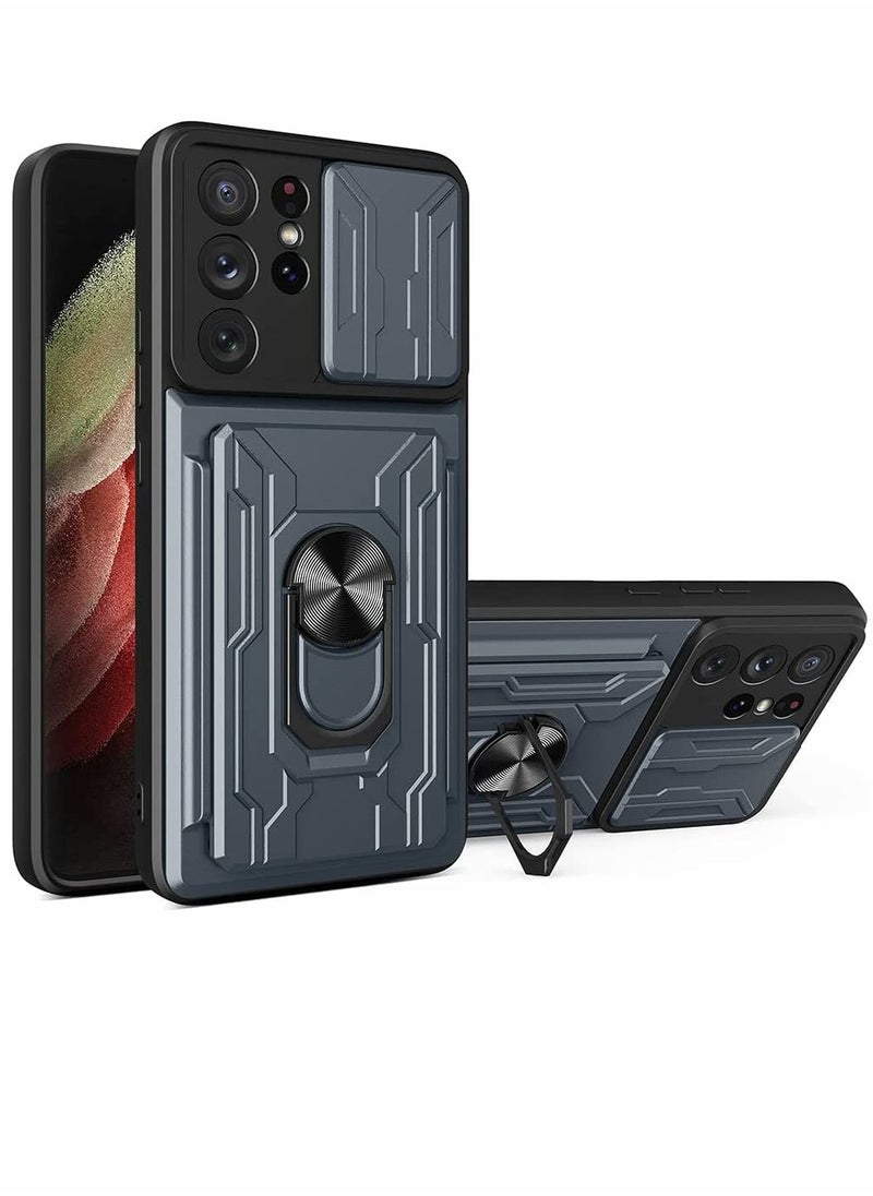 SYOSI - Case for Samsung Galaxy S21 Ultra 5G with Removable Kickstand Card Holder Slide Camera Cover Ring Stand Magnetic Hybrid Armor Hard Luxury Gray - Image 1