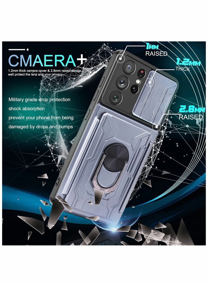 SYOSI - Case for Samsung Galaxy S21 Ultra 5G with Removable Kickstand Card Holder Slide Camera Cover Ring Stand Magnetic Hybrid Armor Hard Luxury Gray - Image 1