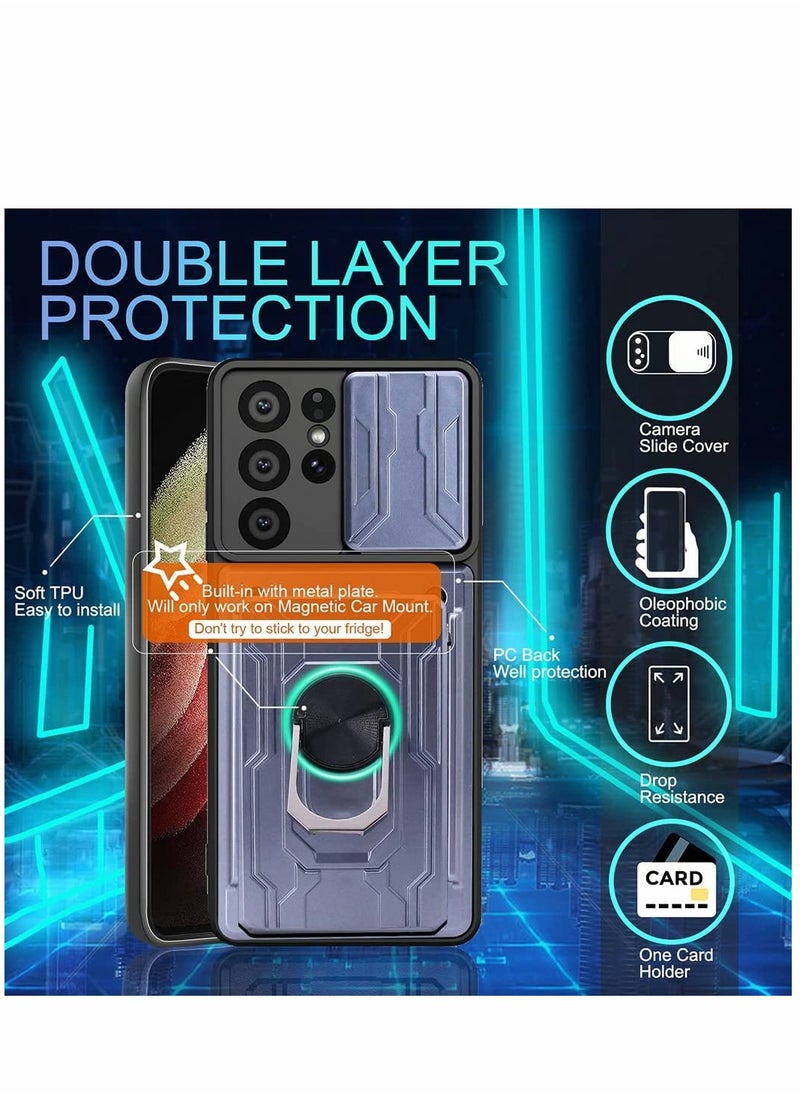 SYOSI - Case for Samsung Galaxy S21 Ultra 5G with Removable Kickstand Card Holder Slide Camera Cover Ring Stand Magnetic Hybrid Armor Hard Luxury Gray - Image 1