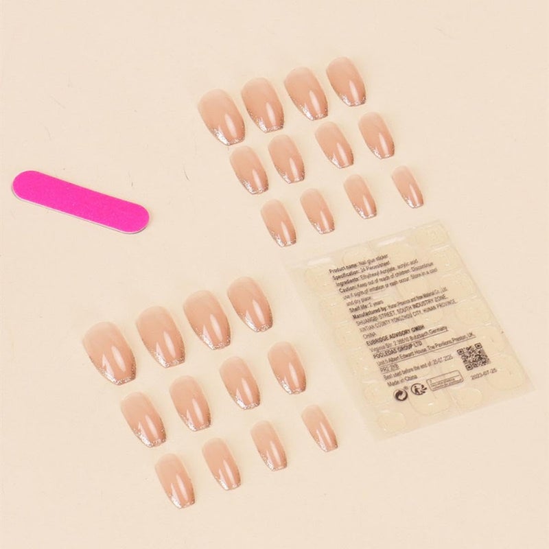 Maigitur Glitter Press on Nails Medium Square Fake Nails with Design Nude Acrylic Nails Shiny Bling Stick on Nails Coffin Full Cover Glossy French Tip Glue on Nails for Women Girls Daily Wear Manicureâ€¦ - Image 3