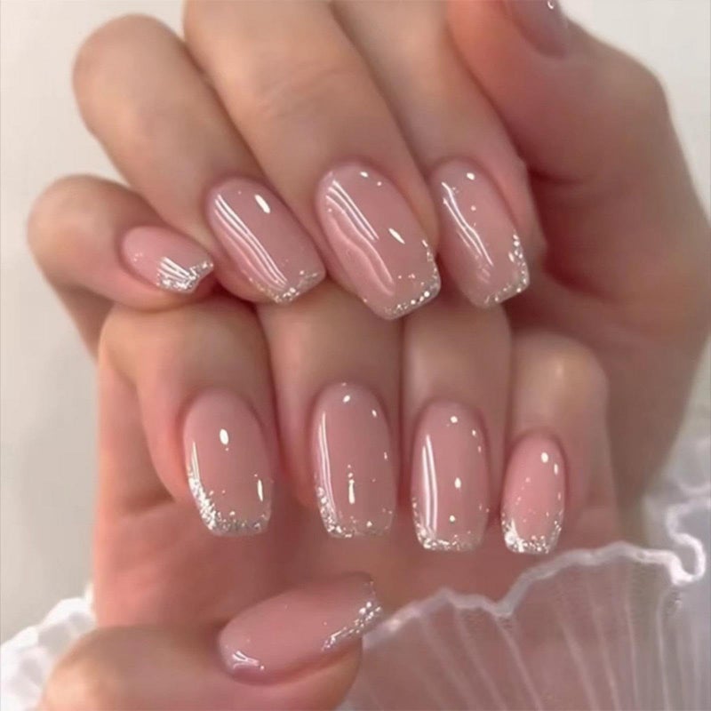 Maigitur Glitter Press on Nails Medium Square Fake Nails with Design Nude Acrylic Nails Shiny Bling Stick on Nails Coffin Full Cover Glossy French Tip Glue on Nails for Women Girls Daily Wear Manicureâ€¦ - Image 2