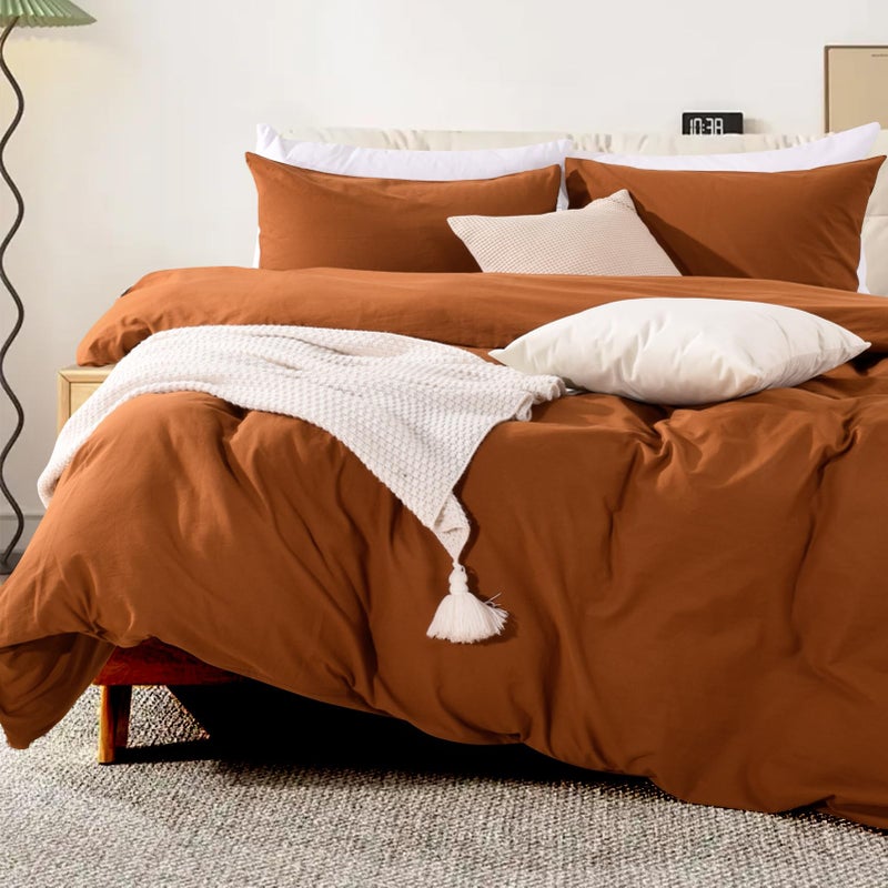 NEXHOME PRO Terracotta Burnt Orange Duvet Cover Set Queen Size Linen Textured Organic Natural 100% Washed Cotton Duvet Cover Caramel 3 Pieces Bedding Set with Zipper Closure Soft (No Comforter) - Image 4