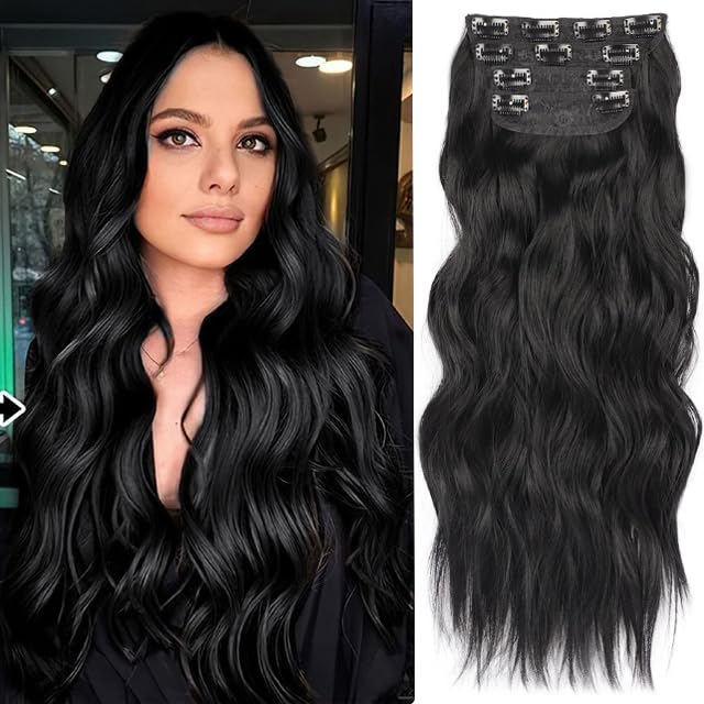24 Inch Jet Black Hair Extensions Clip in Hair Extension 4 Pcs Long Wavy Synthetic Hair Extension Clip in Soft Hair Extensions Double Weft Hairpiece Full Head for Women 24INCH 1B