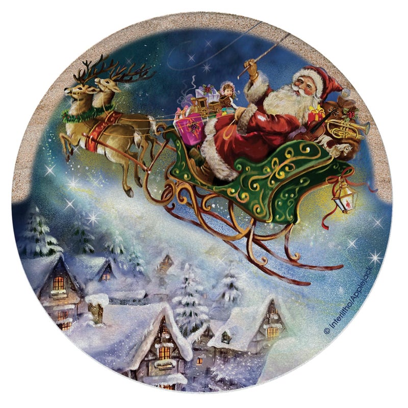 Thirstystone Santas Sleigh Natural Sandstone Coaster 4 Pack EcoFriendly Absorbent Easily Wipes Clean