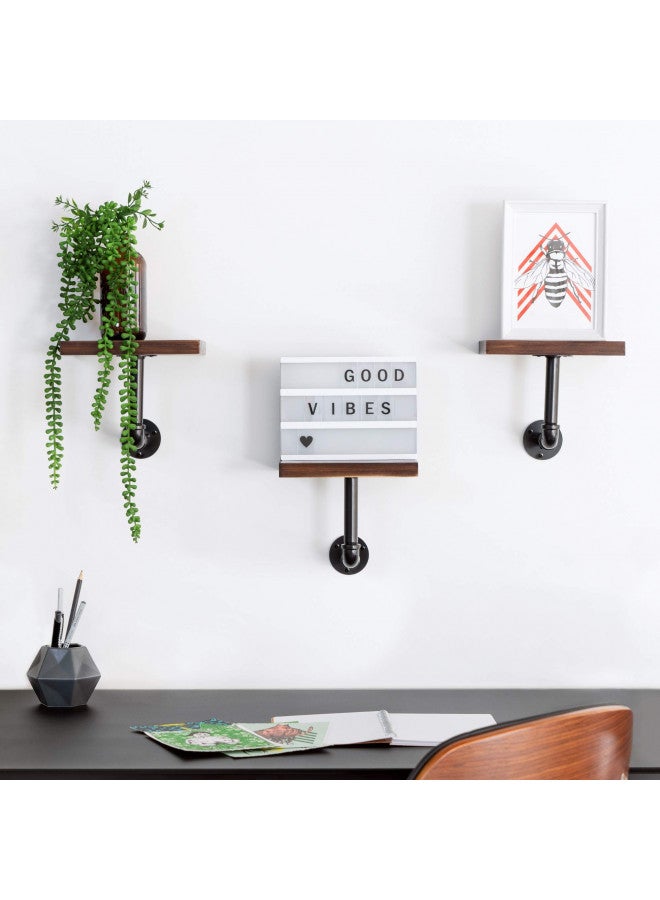 Navaris Navaris Industrial Pipe Shelf Set - 3 Small Wooden Shelves with Black Pipe Brackets - 5.9" x 7.9" Wall-Mounted Wood Shelving - Size S, Dark Brown - Image 2