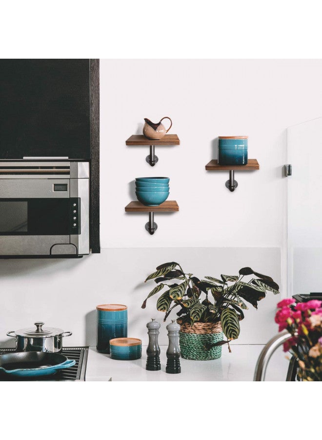 Navaris Navaris Industrial Pipe Shelf Set - 3 Small Wooden Shelves with Black Pipe Brackets - 5.9" x 7.9" Wall-Mounted Wood Shelving - Size S, Dark Brown - Image 3