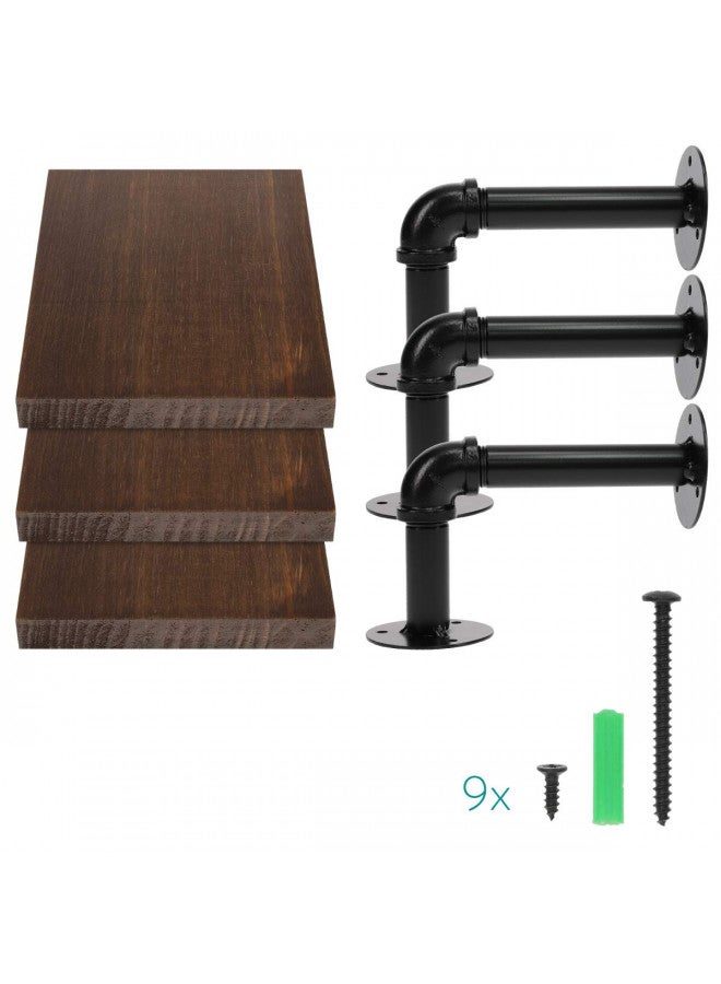 Navaris Navaris Industrial Pipe Shelf Set - 3 Small Wooden Shelves with Black Pipe Brackets - 5.9" x 7.9" Wall-Mounted Wood Shelving - Size S, Dark Brown - Image 4