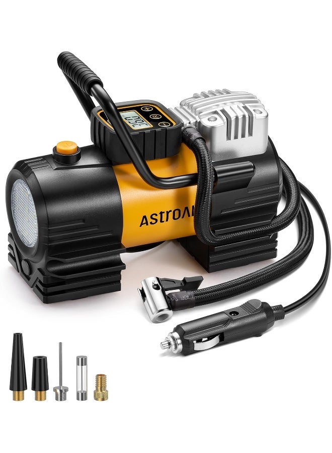 AstroAI ضاغط هواء محمول من أسترو إيه آي لتضخيم الإطارات (حتى 150 PSI) مضخة إطارات للسيارة 12 فولت DC مضخة هواء رقمية مع 12 مصباح LED ساطع للغاية للدراجات، الدراجات النارية، ملحقات السيارات - Image 1