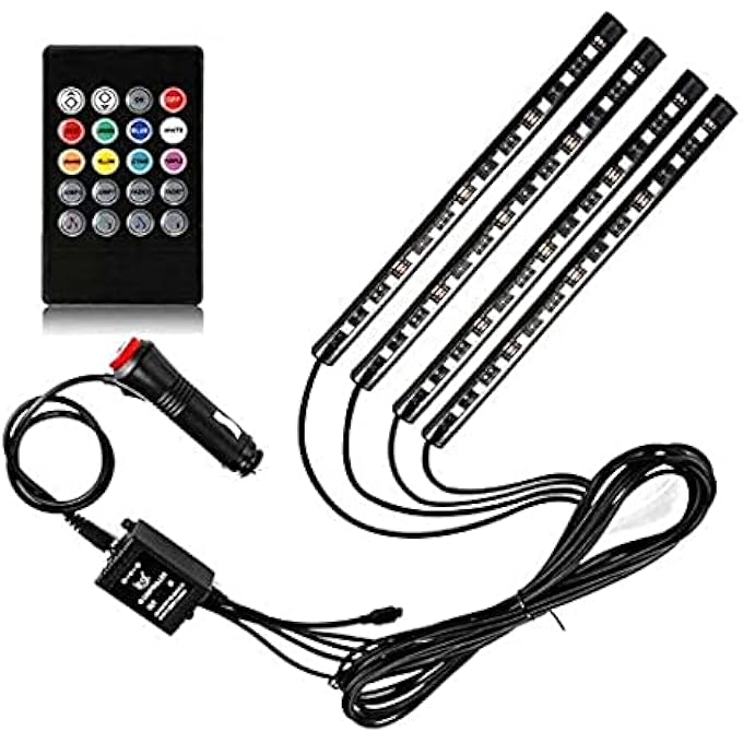 الكبريت شريط إضاءة ليد RGB 12 فولت لتزيين جو السيارة مع جهاز تحكم عن بعد، لون أسود - Image 1