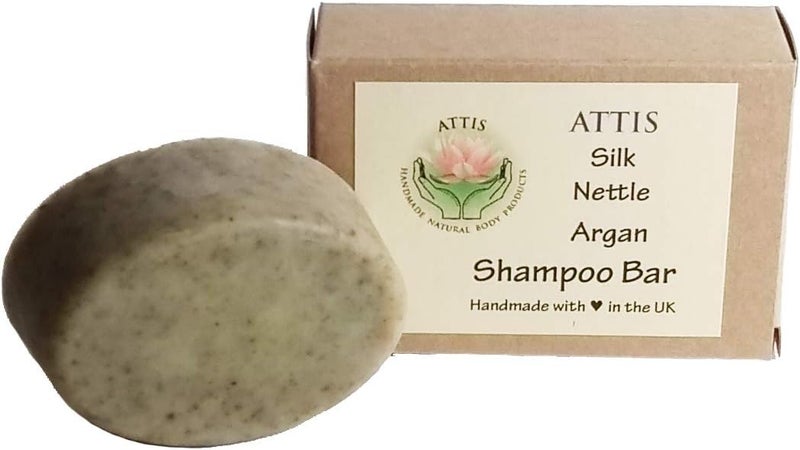 ATTIS Handmade Silk Nettle Argan Shampoo Bar with Calcium Bentonite Clay Tea Tree Carrot Seed Essential Oils Aloe Vera gel Sulfate Free For Men Women