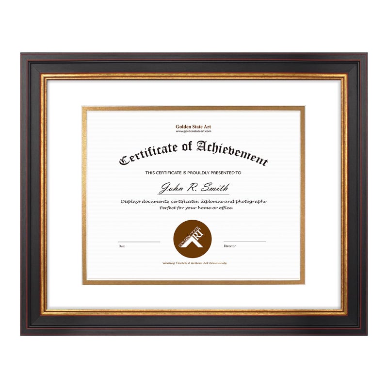 Golden State Art, 11x14 Document Frame for 8x10 Diploma/Certificate/Picture Includes White Over Double Mat and Real Glass (Black Gold & Burgundy Frame) - Image 1