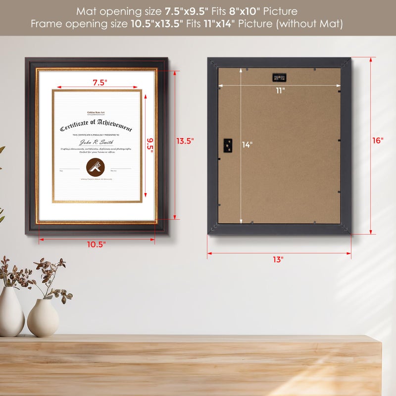 Golden State Art, 11x14 Document Frame for 8x10 Diploma/Certificate/Picture Includes White Over Double Mat and Real Glass (Black Gold & Burgundy Frame) - Image 3