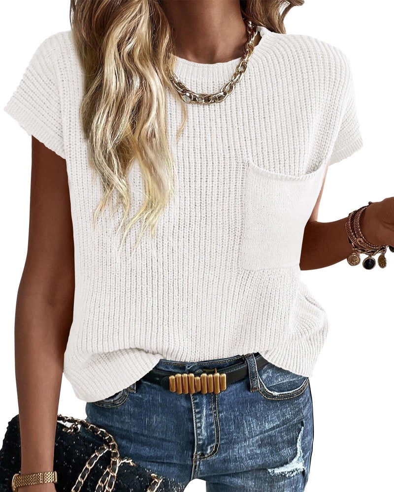 KIRUNDO Spring Summer Short Sleeve Sweater for Women 2026 Casual Sweater Vest Cotton Knit Pullover Tank Tops Fashion Clothing(White, Large) - Image 1