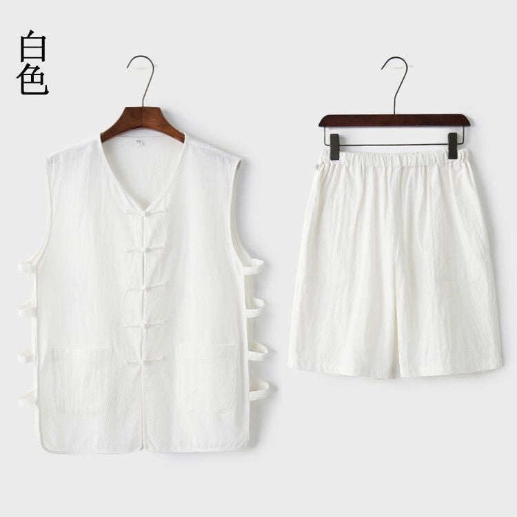Chinese Style Cotton Linen Vest and Shorts Set for Men White suit - Image 1
