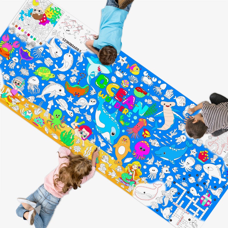 SpriteGru Ocean Coloring Poster, Large Coloring Activity Paper 75â€ x 31â€ Jumbo Size Blue Sea-themed Paper DIY Painting Drawing Banner/Tablecloth for School, Wall Decor - Image 1