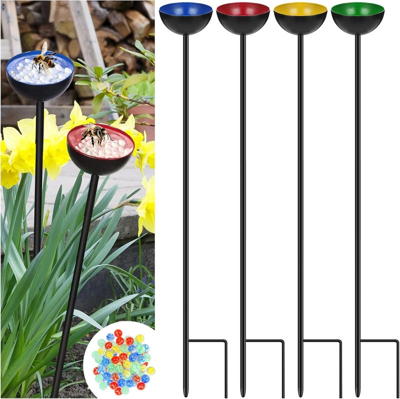Lineshading 4-Pcs Butterfly Bee Watering Station with Catcher Cups - Small Insects Bee Feeders for Outside Feeding & Watering - Metal Garden Stakes & Sculpture Decor - Image 1