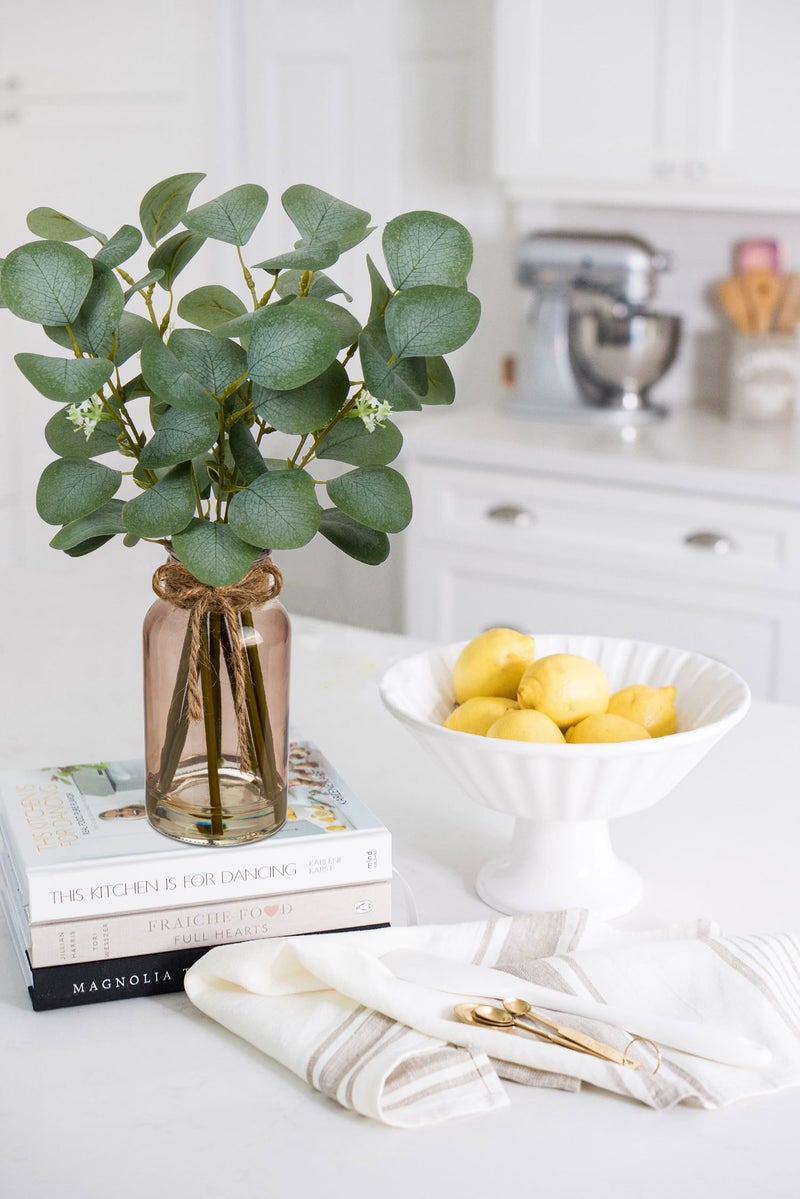 Briful Artificial Eucalyptus Stems in Teal Glass Vase with Faux Water, 14" Fake Plant Eucalyptus Leaves for Home Farmhouse Wedding Centerpiece Bathroom DÃ©cor - Image 4