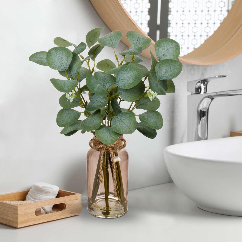 Briful Artificial Eucalyptus Stems in Teal Glass Vase with Faux Water, 14" Fake Plant Eucalyptus Leaves for Home Farmhouse Wedding Centerpiece Bathroom DÃ©cor - Image 3