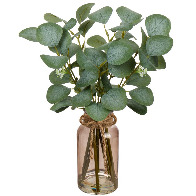 Briful Artificial Eucalyptus Stems in Teal Glass Vase with Faux Water, 14" Fake Plant Eucalyptus Leaves for Home Farmhouse Wedding Centerpiece Bathroom DÃ©cor - Image 1