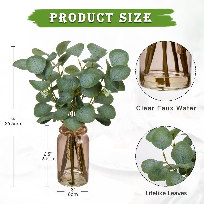 Briful Artificial Eucalyptus Stems in Teal Glass Vase with Faux Water, 14" Fake Plant Eucalyptus Leaves for Home Farmhouse Wedding Centerpiece Bathroom DÃ©cor - Image 2