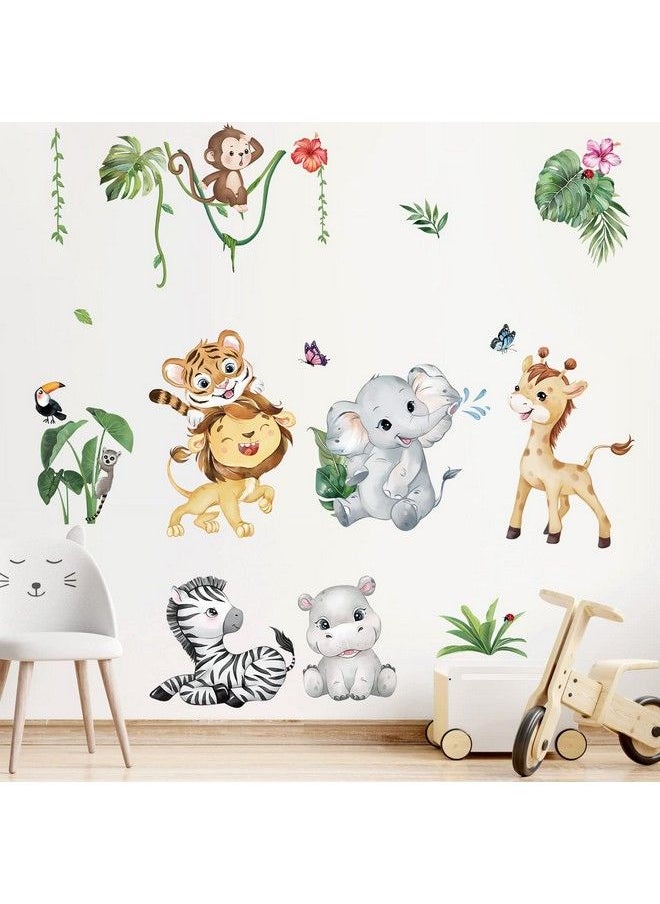 decalmile - Jungle Animals Wall Decals Elephant Lion Giraffe Safari Wall Stickers Baby Nursery Kids Room Living Room Wall Decor - Image 1