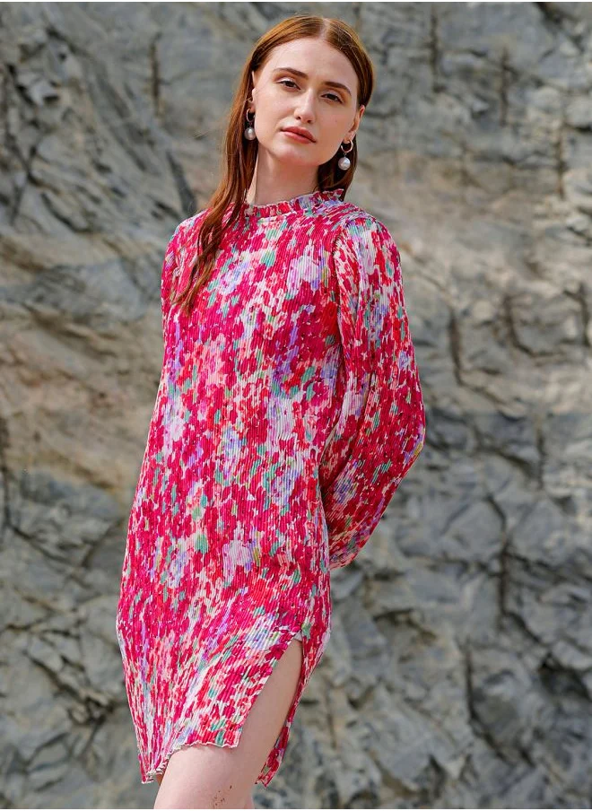 Freehand Women Straight Fit Casual Floral Print Pleated Dress