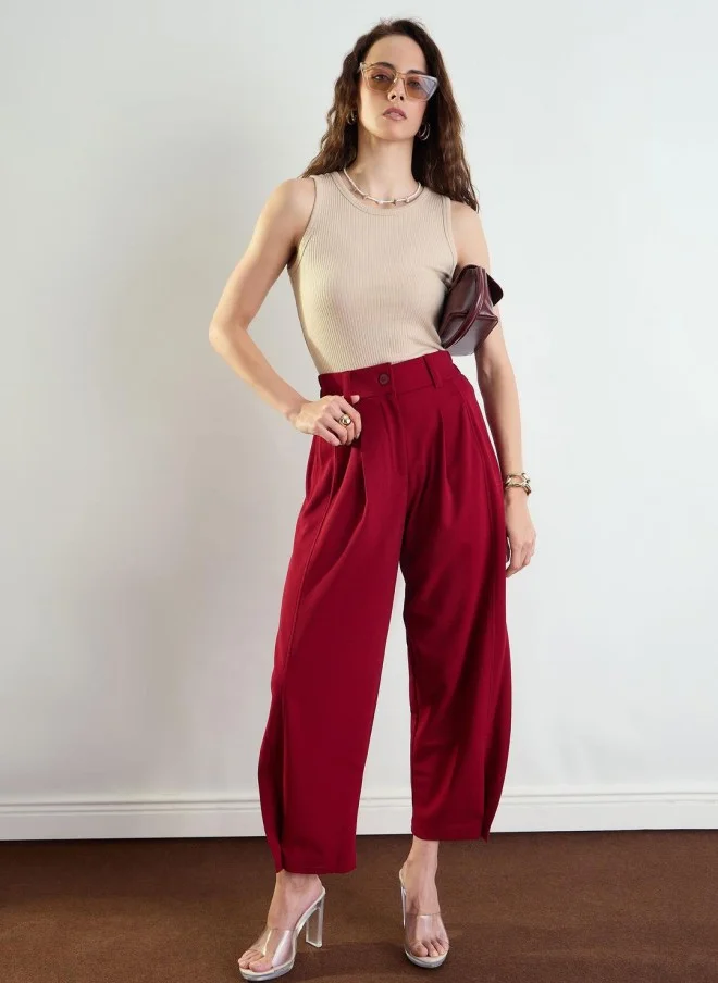 SASSAFRAS Maroon Relaxed Fit Mid-Rise Trousers for Women
