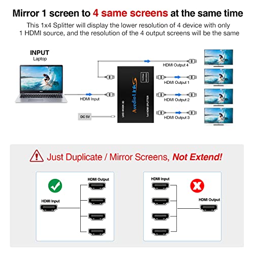 avedio Links 4K@60Hz HDMI Splitter 1 in 4 Out with 4 feet Hdmi Cable, 1x4 HDMI Splitter Duplicate/Mirror Screen, 4 Way Splitters Support Full HD 1080P 3D, Compatible with HDTV, PS5, Projector - Image 3