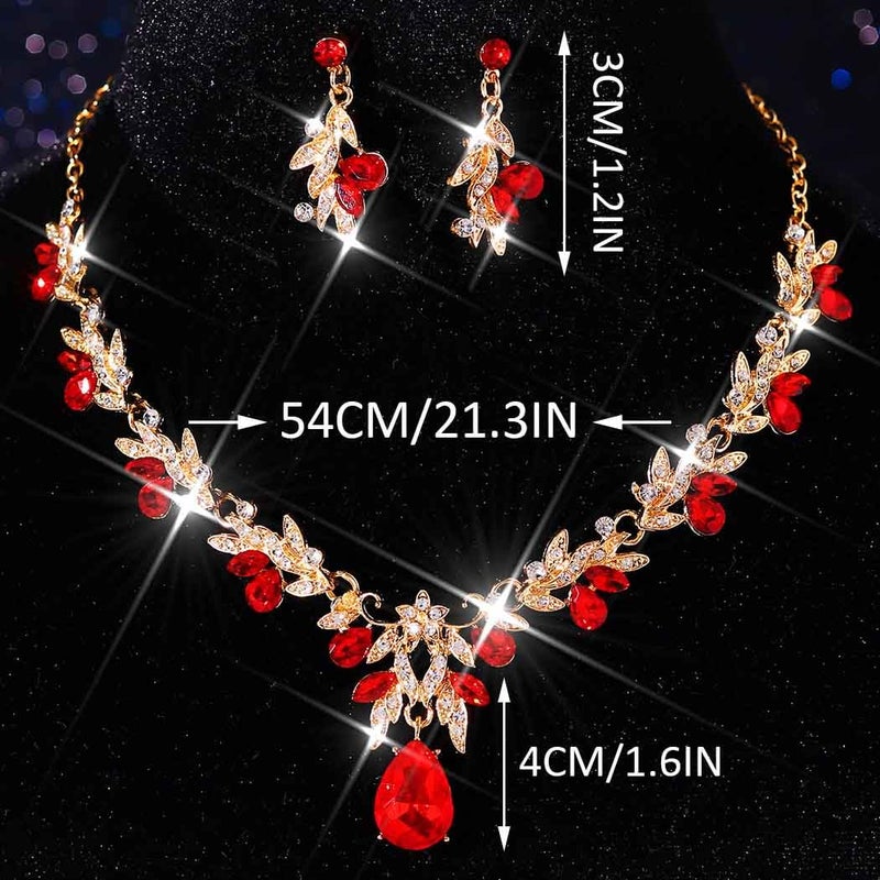 Unicra Rhinestone Bridal Wedding Jewelry Sets Red Necklace Earrings Bracelet Set Leaf Prom Formal Costume Jewelry Set for Women and Brides (Red) - Image 2