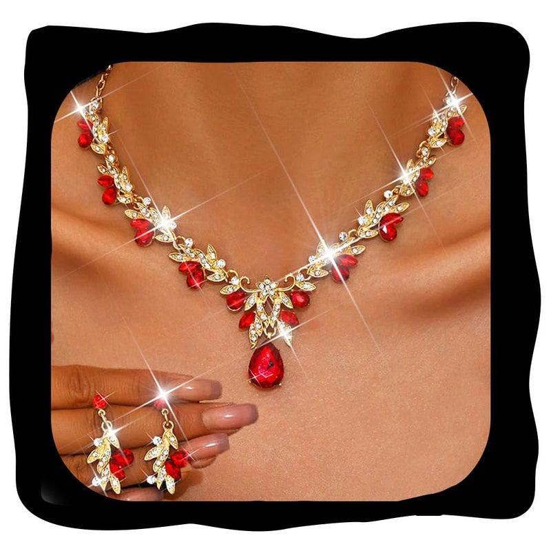 Unicra Rhinestone Bridal Wedding Jewelry Sets Red Necklace Earrings Bracelet Set Leaf Prom Formal Costume Jewelry Set for Women and Brides (Red) - Image 1