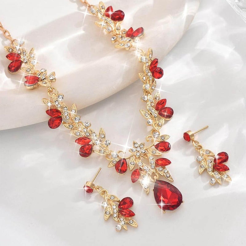 Unicra Rhinestone Bridal Wedding Jewelry Sets Red Necklace Earrings Bracelet Set Leaf Prom Formal Costume Jewelry Set for Women and Brides (Red) - Image 3