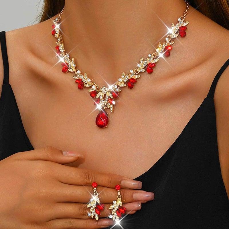 Unicra Rhinestone Bridal Wedding Jewelry Sets Red Necklace Earrings Bracelet Set Leaf Prom Formal Costume Jewelry Set for Women and Brides (Red) - Image 4
