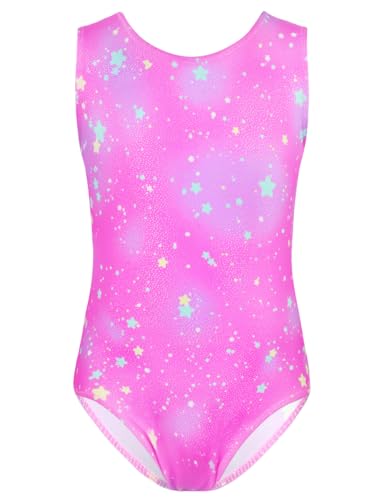 TENVDA Gymnastics Leotards for Girls 5-6 Years Old Tank Tumbling Outfit Sparkly Pink Stars Printed Durable Training Bodysuits - Image 1